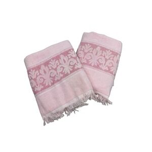 Vintage Cannon Bath Towels Set 2 Pink Sculpted Fringe Made USA 42x22 Cottage NOS